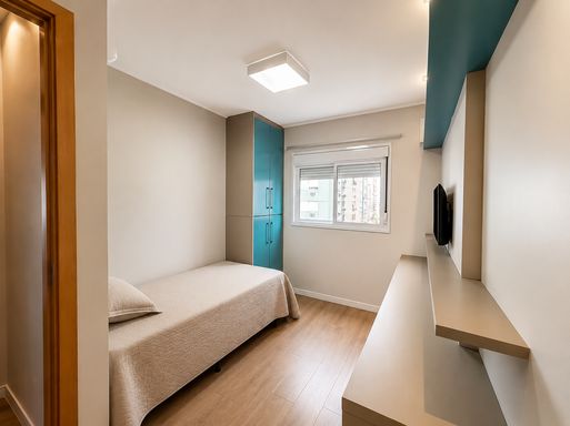 Suíte com cama e armários