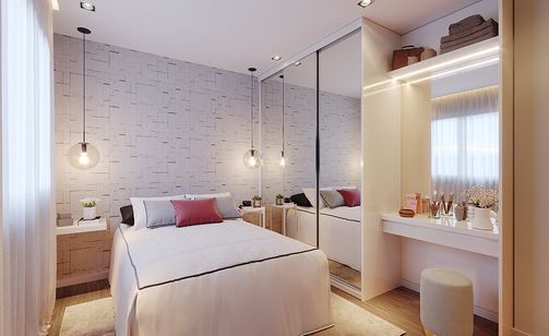 Quarto solteiro, com armário embutido.