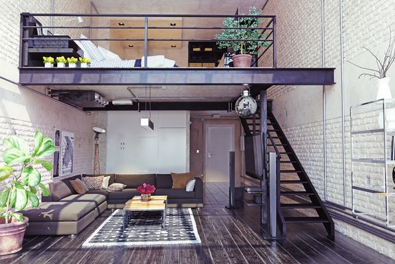 Sala de estar mobiliada com mezanino para quarto