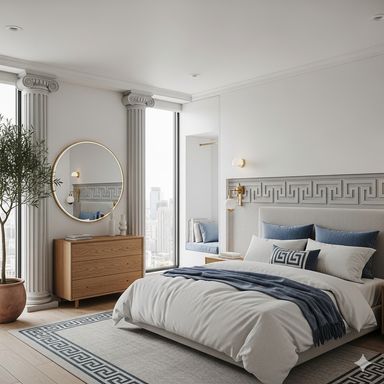 Quarto de casal, moveis claros e roupa de cama azuis