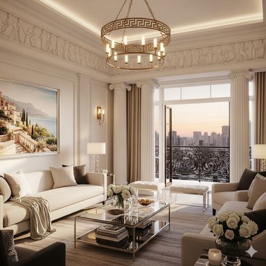 Sala de Estar com moveis em tom claro, grandes janelas, muita entrada de luz, lustre, quadros de paisagens, Residencial Hermes
