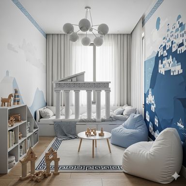 Quarto Infantil com moveis brancos e alguns desenhos em azul nas paredes
