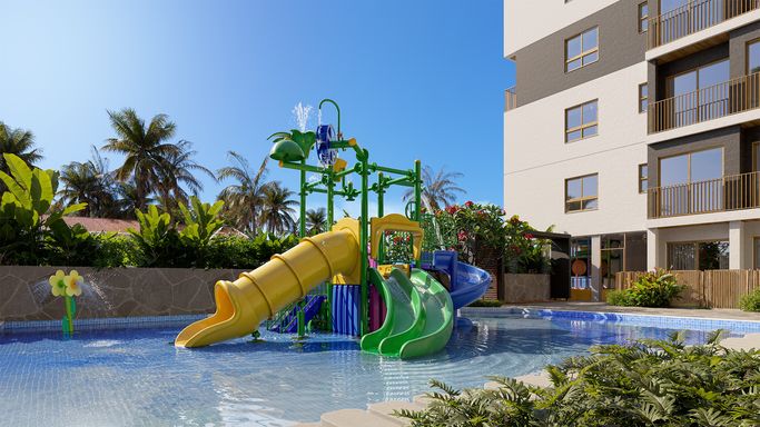 Brinquedo aquático que suporta 70 crianças simultâneas
