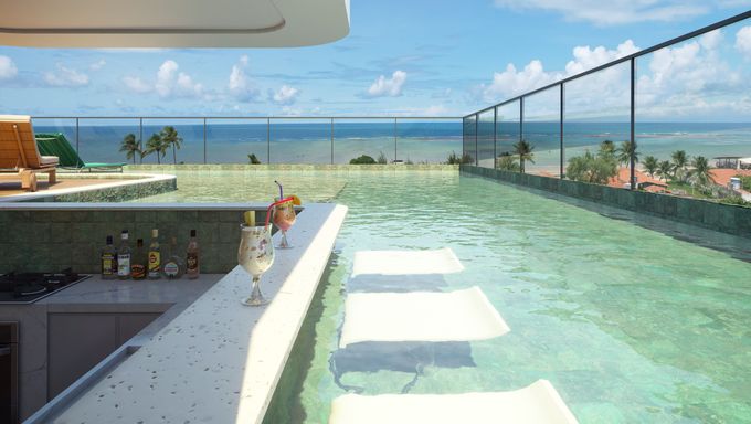 Bar na piscina moderno com vista privilegiada para momentos de lazer