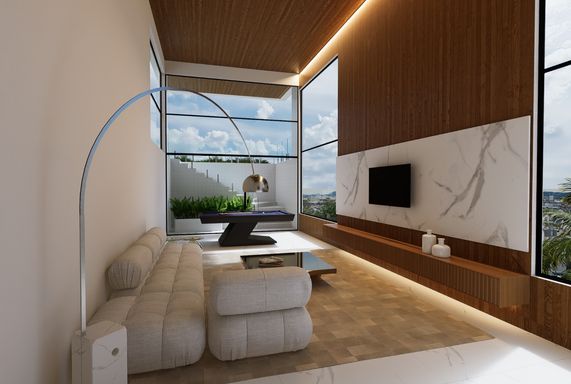 Lounge sofisticado integrado ao salão de jogos, com ambiente aconchegante, moderno e pensado para entretenimento.