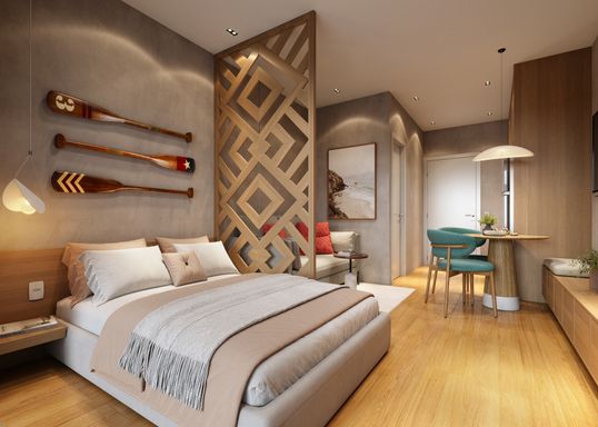Studio bem decorado com detalhes de alto padrão