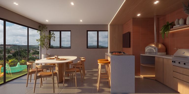 Espaço gourmet integrado com ambiente sofisticado e iluminação elegante