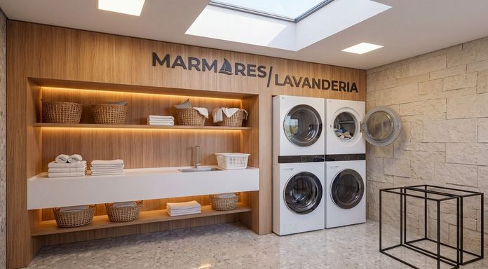 Lavanderia com estrutura bem planejada, unindo eficiência e organização.