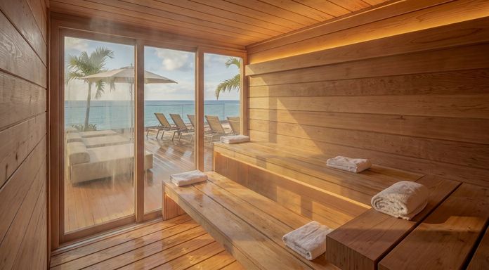 Sauna com design sofisticado e vista privilegiada para o mar, elevando a experiência de conforto no empreendimento