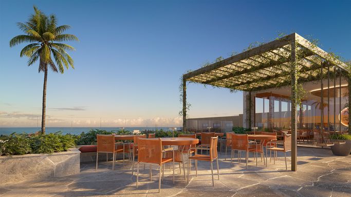 Espaço gastronômico com área coberta e vista aberta