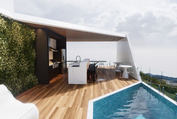 Área gourmet integrada à piscina, com espaço planejado para confraternizações, conforto e momentos exclusivos.