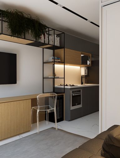 Studio com conceito moderno e integrado, unindo funcionalidade, conforto e acabamento sofisticado em cada detalhe.