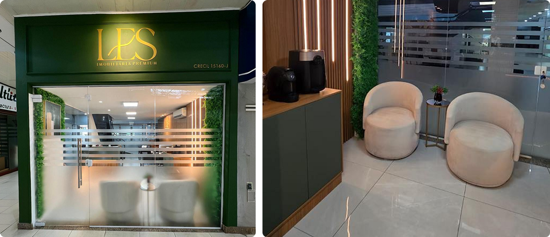 Fachada de entrada da loja LES Imobiliária Premium no Praia Shopping em Vitória