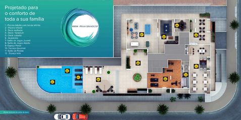 Planta de lazer completo, com piscina, salão de festas, salão de jogos, academia, área gourmet e espaços de convivência.