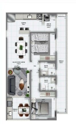 Planta de apartamento moderna e bem distribuída, com ambientes amplos, confortáveis e funcionais, destacando a disposição dos cômodos.