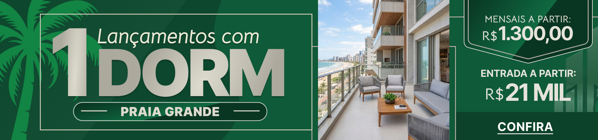 Banner de lançamentos de apartamentos de 1 dormitório à venda em Praia Grande SP com entrada facilitada