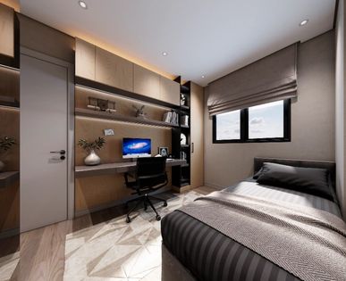 Quarto amplo e aconchegante, com acabamento moderno, iluminação natural e ambiente ideal para conforto e descanso.