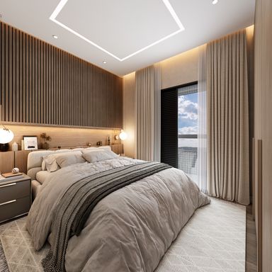 Quarto de apartamento em lançamento na Vila Mirim, Praia Grande, com ambiente confortável e moderno, em empreendimento próximo à praia e ao futuro Villamar Shopping.