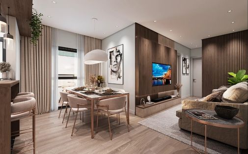 Sala de estar moderna e sofisticada, com ambiente amplo, iluminação natural, acabamento elegante e espaço confortável para receber a família e aproveitar momentos de lazer.