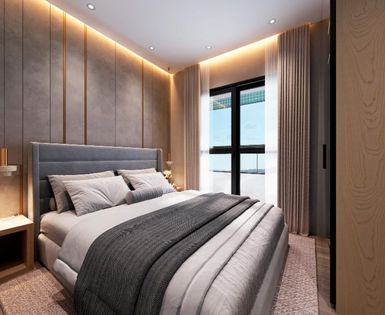 Quarto amplo e aconchegante, com acabamento moderno, iluminação natural e ambiente ideal para conforto e descanso.