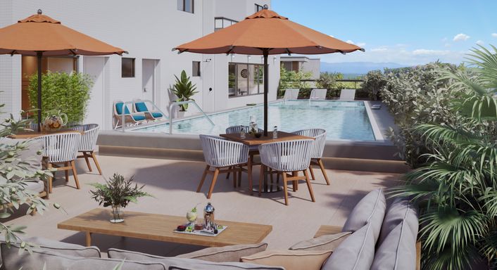 Área da piscina do novo empreendimento na Vila Mirim, Praia Grande, integrada ao lazer completo e próxima à praia e ao futuro Villamar Shopping.
