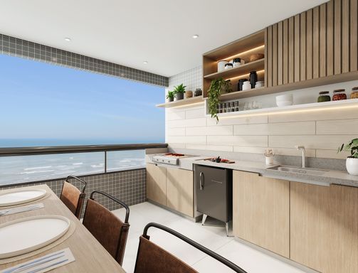 Varanda de apartamento de 2 dormitórios na Vila Mirim, Praia Grande, com espaço confortável, próximo à praia e ao futuro Villamar Shopping.