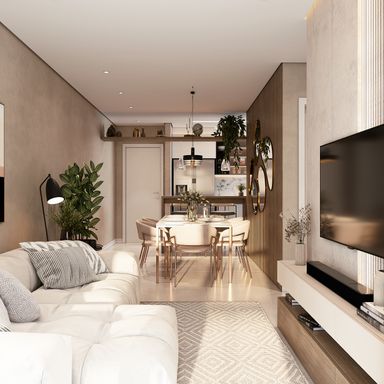Sala de estar em apartamento de lançamento na Vila Mirim, Praia Grande, com ambiente moderno, confortável e bem planejado, próximo à praia e ao futuro Villamar Shopping