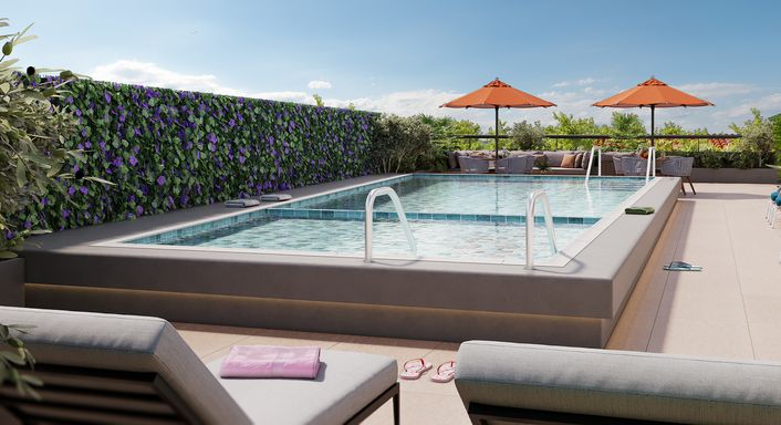 Área da piscina do novo empreendimento na Vila Mirim, Praia Grande, integrada ao lazer completo e próxima à praia e ao futuro Villamar Shopping.