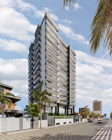 Fachada do lançamento residencial de 2 dormitórios na Vila Mirim, Praia Grande, próximo à praia e ao futuro Villamar Shopping.