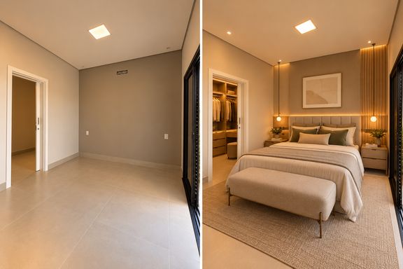 Suites master + closet  - imagem original e sugestão de projeto