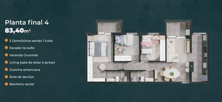 Planta 83,4m² - 3 Quartos - Varandas do Sol - Parque Universitário - Americana