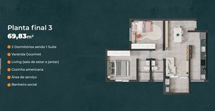 Planta 69,83m² - 2 Quartos - Varandas do Sol - Parque Universitário - Americana