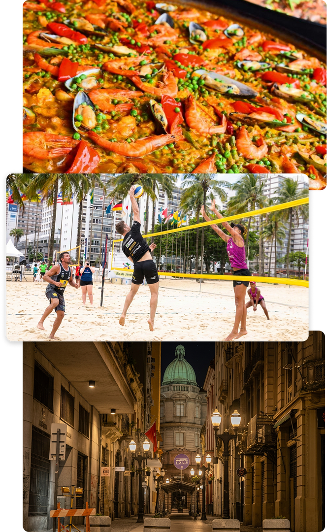 Estilo de vida em Santos: paella de frutos do mar, vôlei de praia na orla e rua iluminada do Centro Histórico