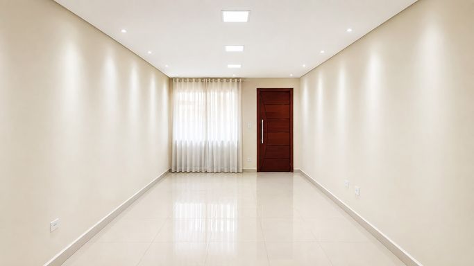 Sala ampla para dois ambientes, com piso em porcelanato e projeto de iluminação composto por spots laterais e plafons centrais em LED.