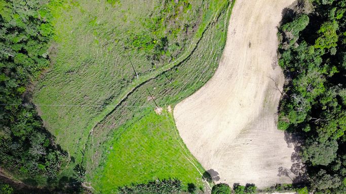 Área terraplanada e pasto vistos de cima