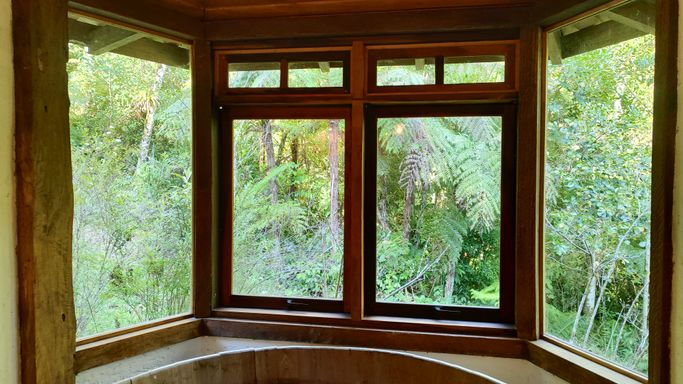 HIDROMASSAGEM E JANELA COM VISTA PARA O BOSQUE