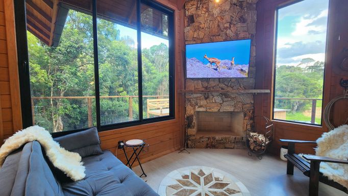 SOFA, LAREIRA, AMPLAS JANELAS PARA A FLORESTA...