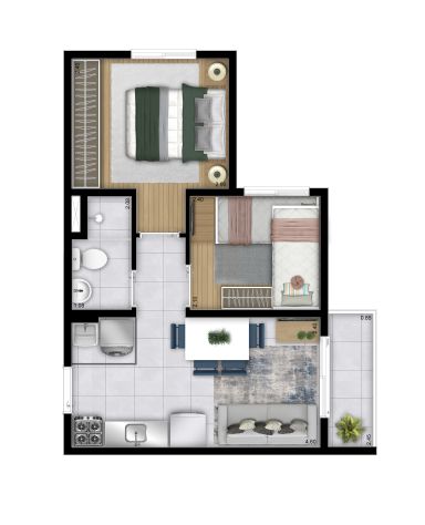 2 Dorms. - 34,24m² (Torre A | Final 09) - Perspectiva Ilustrada