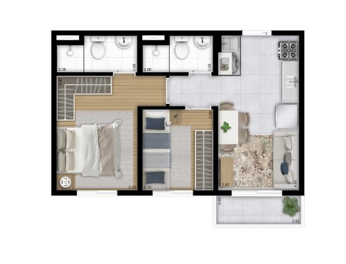 2 Dorms. - 38,83m² (Torre A | Final 06) - Perspectiva  COM SUITE