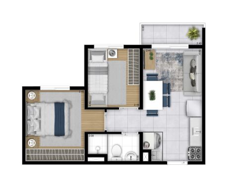 2 Dorms. - 34,38m² (Torre A | Final 10) - Perspectiva Ilustrada