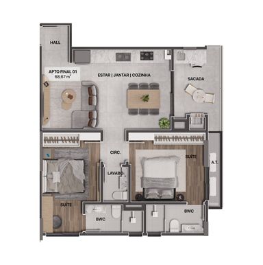 Planta Tipo 01 - 68,67m²