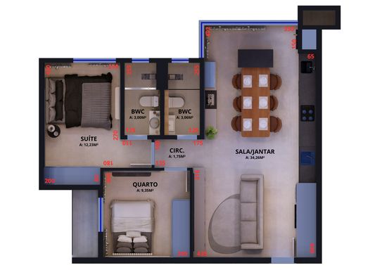 Planta Aptos Final 05 e 06 com 2 Quartos, sendo 1 Suíte