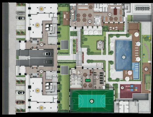 Implantação térreo e área de lazer - Apartamentos à venda em Foz do Iguaçu, 3 Suítes, Grande Rio Resort Residence