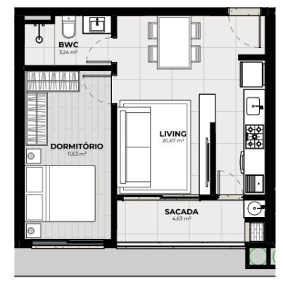 Planta Apartamento 1 dormitório - Terrá Jurerê