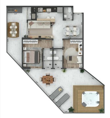 APTO 14 - GARDEN
ÁREA ÚTIL 61,89 M² +
42,12 M² ÁREA EXCLUSIVA
2 SUÍTES
1 VAGA PRIVADA