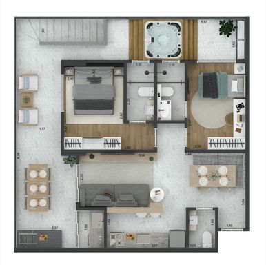 APTO 15 - GARDEN
ÁREA ÚTIL 89,32 M² +
19,05 M² ÁREA EXCLUSIVA
2 SUÍTES
1 VAGA PRIVADA