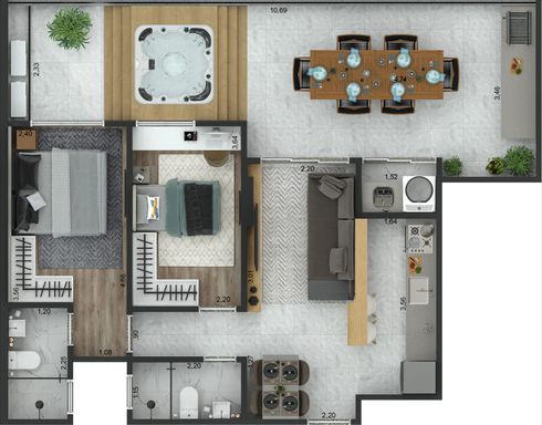 APTO 16 - GARDEN
ÁREA ÚTIL 57,46 M² +
22,26 M² ÁREA EXCLUSIVA
1 SUÍTE E 1 DORM.
1 VAGA PRIVADA