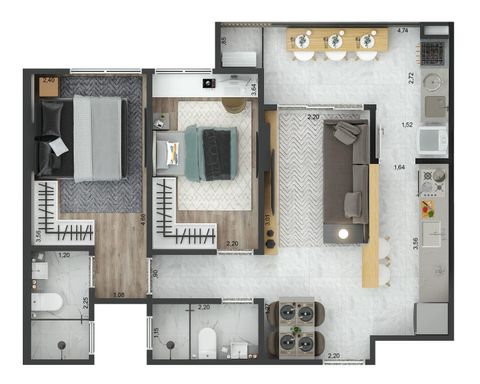 FINAL 6
57,46m² de ÁREA ÚTIL
1 SUÍTE E 1 DORM.
1 VAGA COLETIVA OU PRIVADA