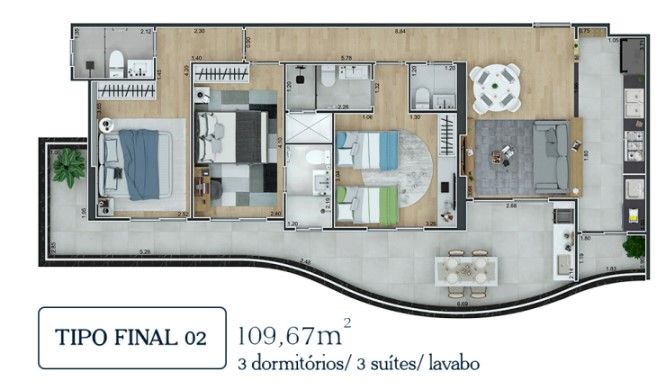 planta final 2: 3 suítes + lavabo