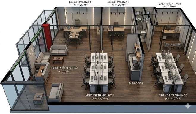 Perspectiva de layout para escritório corporativo